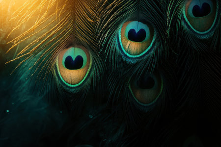 Display of peacock feathers reveals stunning colors and patterns, illuminated beautifully by soft, natural light in a serene environment.の素材