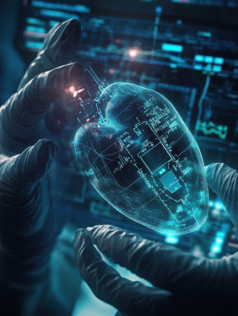 A professional wearing gloves inspects a glowing digital heart model surrounded by data displays in a modern lab environment.の素材