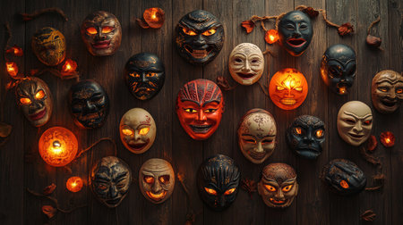 A variety of intricate masks featuring diverse expressions are displayed against a rustic wooden backdrop, softly illuminated by warm lights.の素材