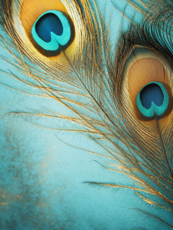 Vibrant peacock feathers display striking combinations of blue, green, and gold hues under the sunlight, highlighting their exquisite details.の素材