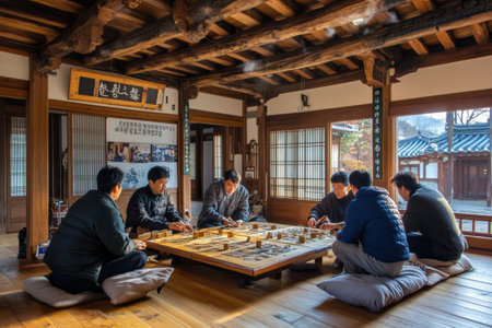 Six friends gather on the floor, intensely focused on a traditional board game in a cozy hanok. Wooden architecture enhances the experience.の素材