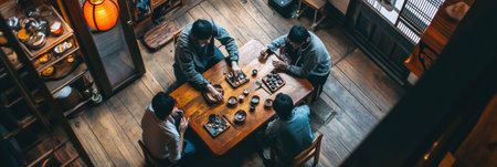 A group of friends enjoys a game night, sharing laughter while seated at a wooden table surrounded by traditional decor and cozy ambiance.の素材