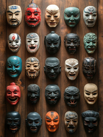 Colorful masks featuring unique designs and expressions arranged on a rustic wooden background, showcasing cultural artistry.の素材