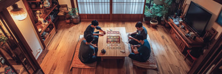 Four friends are gathered around a wooden table, playing board games and enjoying each others company in a warm, cozy setting.の素材