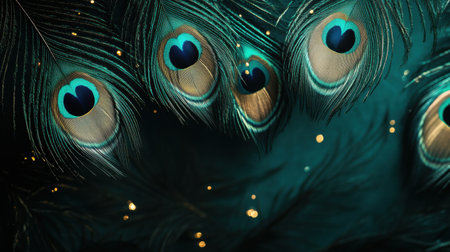The vibrant peacock feathers showcase stunning colors and unique patterns, creating an eye catching display against a dark backdrop.の素材