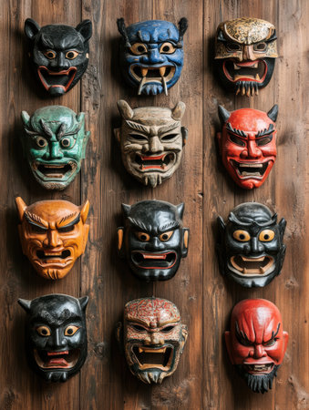Colorful traditional masks are arranged on a rustic wooden wall, highlighting intricate designs and cultural significance in each piece.の素材