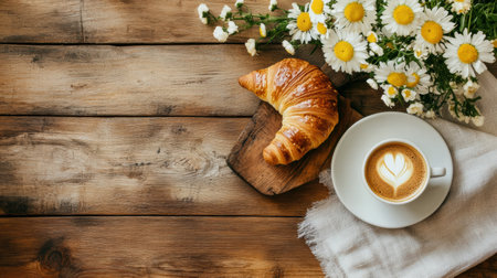 Freshly brewed coffee with latte art and a flaky croissant next to a bouquet of daisies on a rustic wooden table during morning light.の素材