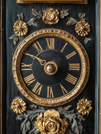 A detailed vintage clock features a black face with gold Roman numerals surrounded by ornate floral detailing and intricate craftsmanship.の素材