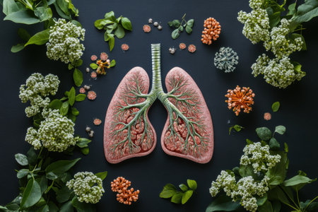 Intricate representation of lungs surrounded by green leaves and colorful flowers showing the connection between health and nature.の素材
