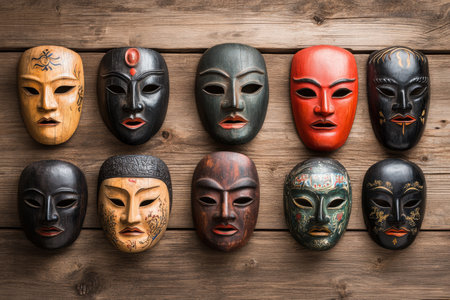 Decorative masks arranged on a wooden surface highlight unique craftsmanship and cultural significance across different styles and colors.の素材