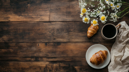 Croissants and a cup of coffee sit on a wooden table surrounded by delicate wildflowers, creating a warm breakfast atmosphere.の素材