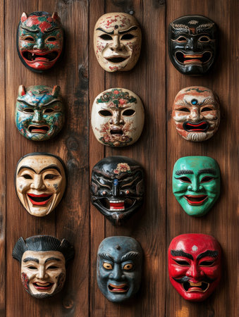 Different traditional masks are artistically arranged on a wooden wall, highlighting their unique designs and cultural significance.の素材