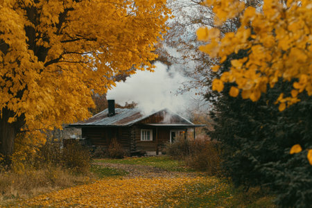A rustic cabin with smoke curling from the chimney sits among golden autumn leaves, creating a warm, inviting atmosphere in nature.の素材
