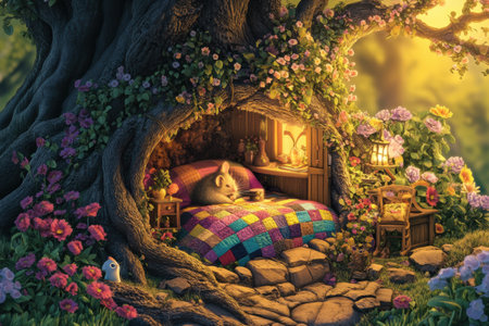 Nestled in a tree, a mouse sleeps on a colorful quilt surrounded by vibrant flowers and soft golden light in a serene woodland setting.の素材