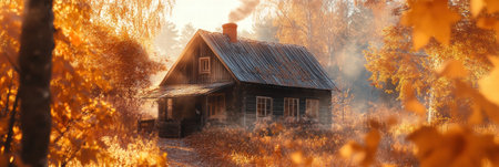 A charming wooden cabin sits amidst colorful autumn leaves, surrounded by trees as morning mist softly envelops the scene.の素材