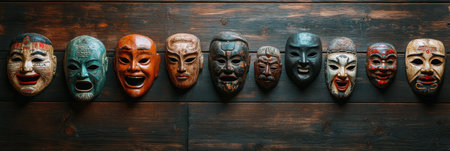 Handcrafted wooden masks line a rustic wall, showing the artistry and cultural value of each unique piece.の素材