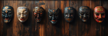 Colorful masks hang on a rustic wooden wall, highlighting detailed craftsmanship and cultural significance from diverse traditions and stories.の素材