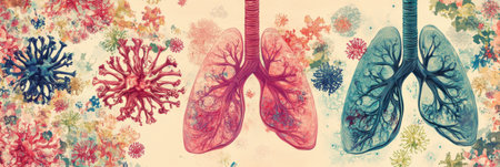 A vibrant depiction of human lungs highlighted by pink and blue colors, surrounded by various microorganisms representing pathogens and microbes.の素材
