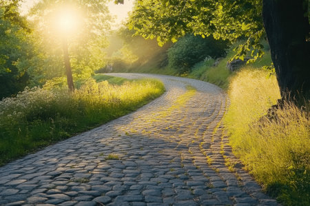 A winding cobblestone path leads through vibrant greenery, illuminated by golden sunlight during a tranquil morning.の素材