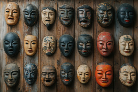A collection of colorful masks arranged on a wooden wall highlights cultural artistry and various expressions representing diverse traditions.の素材