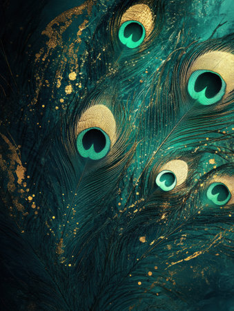 Exquisite peacock feathers show off their vivid greens and blues with striking eye patterns against a near black background, creating a dynamic look.の素材