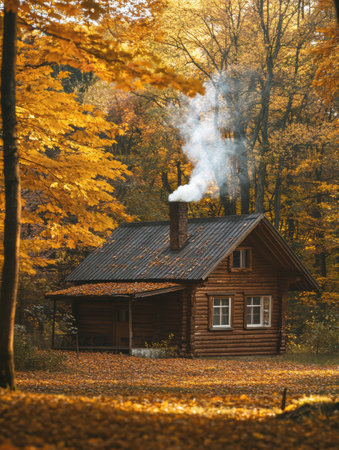 A cozy wooden cabin surrounded by golden and orange leaves, with smoke gently billowing from the chimney, creating a tranquil atmosphere.の素材