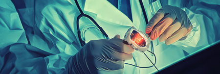 A healthcare worker operates a medical device to track patient vitals in a well lit examination room during a routine assessment.の素材