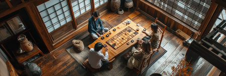 Four friends gather around a wooden table, playing a board game in a traditional Japanese setting filled with natural light.の素材