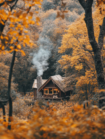 A charming cabin nestled in a forest of orange and yellow leaves with smoke gently rising from the chimney, creating a serene atmosphere.の素材