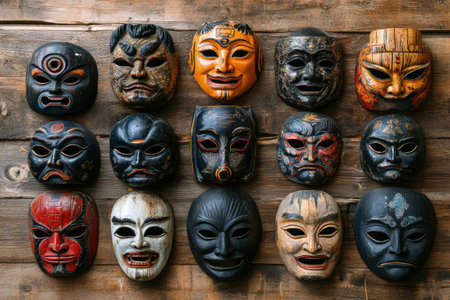 Various traditional wooden masks are arranged neatly against a rustic wooden backdrop, showing intricate designs and cultural significance.の素材