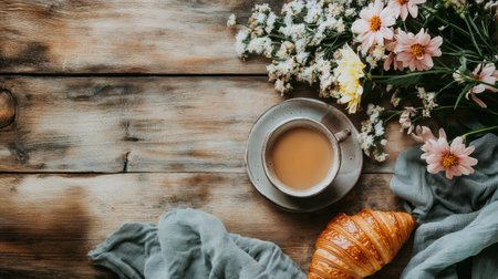 A cozy rustic setting features a cup of coffee, a croissant, and fresh flowers on a wooden table, inviting a warm morning ambiance.の素材