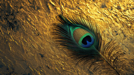A vibrant peacock feather rests on a golden surface, showing its stunning colors and intricate design that captivates all.の素材