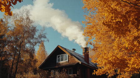 A charming wooden cabin nestles among colorful autumn trees, with white smoke gently billowing from its chimney against a clear blue sky.の素材
