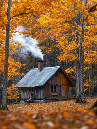 A rustic wooden cabin emits smoke from its chimney, nestled among trees adorned with bright orange and yellow leaves in autumn.の素材