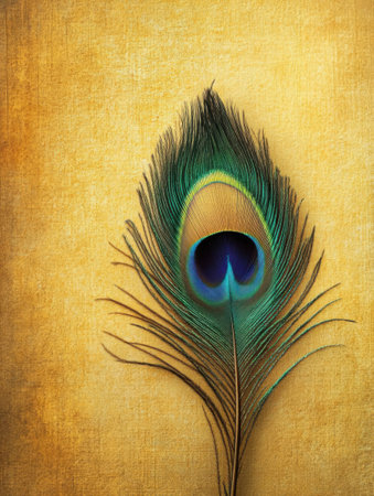 A vibrant peacock feather displays its rich colors and patterns against a warm, textured background, highlighting its natural elegance.の素材