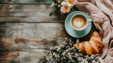Enjoy a cozy brunch with a steaming cup of coffee, a flaky croissant, and vibrant flowers arranged on a rustic wooden table.の素材