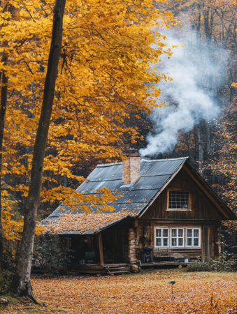 A wooden cabin nestled in a forest filled with bright autumn foliage. Smoke curls from the chimney, adding warmth to the serene setting.の素材