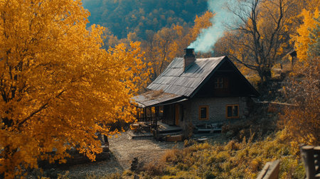 A rustic cottage with a chimney emits smoke as bright orange and yellow leaves frame the scenery in a tranquil mountain setting.の素材