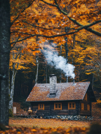 A cozy wooden cabin stands amidst colorful autumn trees, with gentle smoke rising from its chimney in a tranquil forest setting.の素材