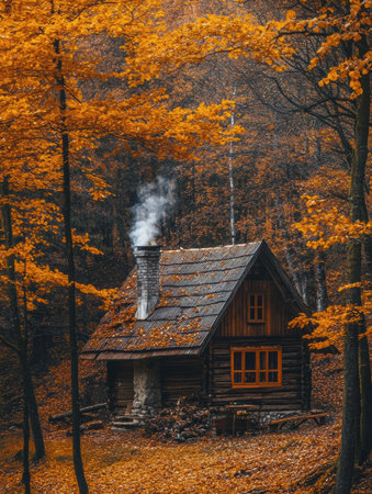 A charming log cabin rests amidst colorful fall leaves, with smoke rising from the chimney, set in a peaceful forest during autumn.の素材