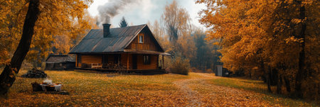 A rustic wooden cabin sits amidst autumn trees with golden leaves, smoke rising from the chimney creating a serene atmosphere.の素材