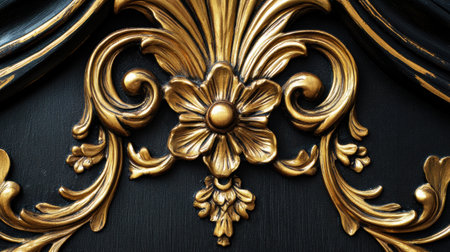 Detailed craftsmanship showcases a golden floral motif against a black wooden background, reflecting elegance and artistry.の素材