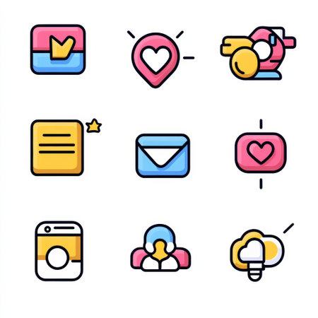 This design features a grid of colorful icons that symbolize social media actions and digital communication tools.の素材