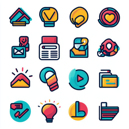 Collection of vibrant icons representing different digital tasks and functions, such as messaging, file management, and creativity tools.の素材