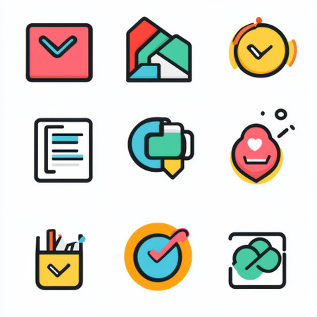 A grid displays various colorful icons symbolizing tasks, reminders, and notes, creating a vibrant and engaging visual.の素材