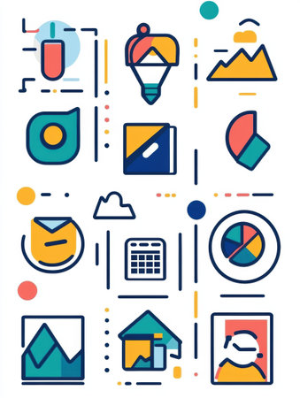 This vibrant assortment features stylized icons representing design tools, charts, and productivity elements on a white background.の素材