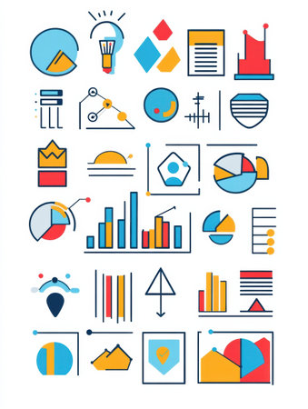 Various geometric shapes, charts, and data visualizations are arranged in a colorful pattern, ideal for design and communication needs.の素材