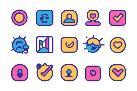 Brightly colored icons depict themes such as communication, user feedback, and emotional connection in a modern design style.の素材