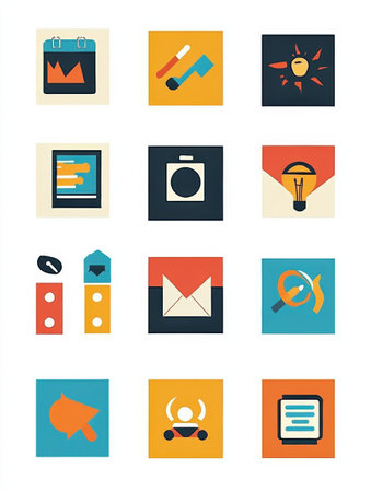 A grid features vibrant digital icons illustrating diverse activities such as planning, creativity, and communication, emphasizing modern design.の素材