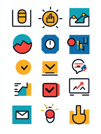 Various colorful icons depicting business metrics, teamwork, and communication are arranged in a grid, showing digital design creativity.の素材